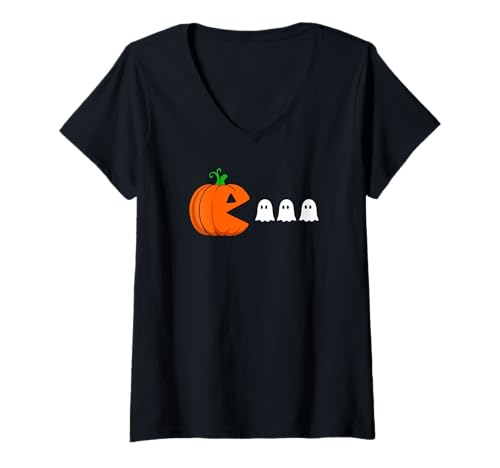 Damen Lustiger Halloween-Kürbis-ESS-Geister Gamer Kinder Teens T-Shirt mit V-Ausschnitt Damen Lustiger Halloween-Kürbis-ESS-Geister Gamer Kinder Teens T-Shirt mit V-Ausschnitt von The BooBuddies Family Place