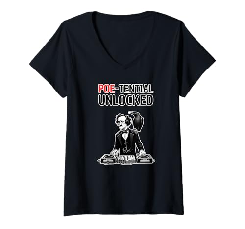Damen Edgar Allan Poe DJ literarischer Humor, Poe-tential Unlocked T-Shirt mit V-Ausschnitt von The Book Troop: Buchschätze