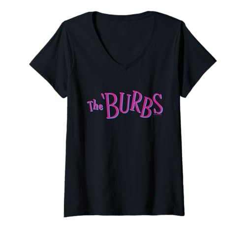 Damen The ’Burbs Pink and Blue Retro Logo T-Shirt mit V-Ausschnitt von The ’Burbs