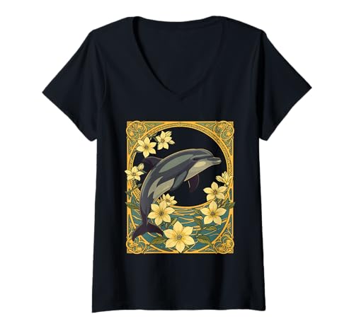 Damen Delfin mit gelben Jasminblüten T-Shirt mit V-Ausschnitt Damen Delfin mit gelben Jasminblüten T-Shirt mit V-Ausschnitt von The Carolinas Territory Symbols Gifts Tees taiche