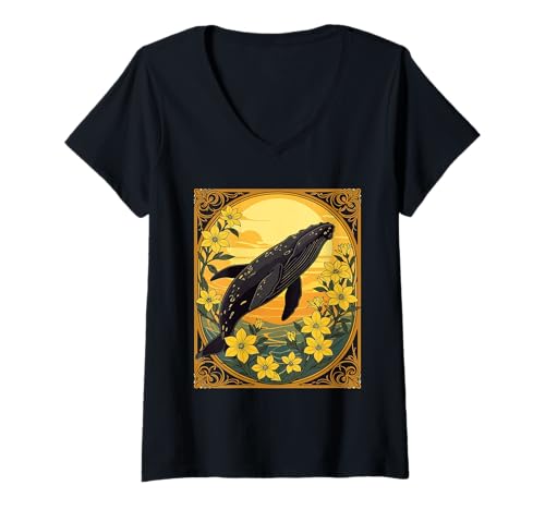 Damen Eubalaena Glacialis und gelbe Jasminblüten skurrile Kunst T-Shirt mit V-Ausschnitt Damen Eubalaena Glacialis und gelbe Jasminblüten skurrile Kunst T-Shirt mit V-Ausschnitt von The Carolinas Territory Symbols Gifts Tees taiche