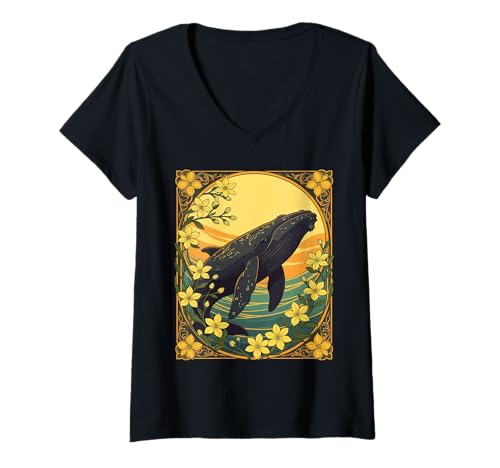 Damen Eubalaena glacialis und gelbe Jasminblüten T-Shirt mit V-Ausschnitt Damen Eubalaena glacialis und gelbe Jasminblüten T-Shirt mit V-Ausschnitt von The Carolinas Territory Symbols Gifts Tees taiche