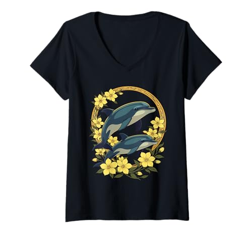 Damen Große Tümmler mit gelben Jasminblüten T-Shirt mit V-Ausschnitt von The Carolinas Territory Symbols Gifts Tees taiche