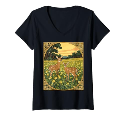 Damen Karibu-REH und Rehkitz mit gelben Blumen T-Shirt mit V-Ausschnitt Damen Karibu-REH und Rehkitz mit gelben Blumen T-Shirt mit V-Ausschnitt von The Carolinas Territory Symbols Gifts Tees taiche
