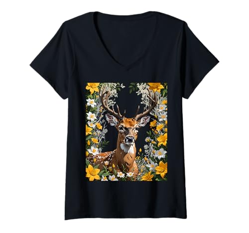 Damen Karibu umgeben von Blumen T-Shirt mit V-Ausschnitt Damen Karibu umgeben von Blumen T-Shirt mit V-Ausschnitt von The Carolinas Territory Symbols Gifts Tees taiche