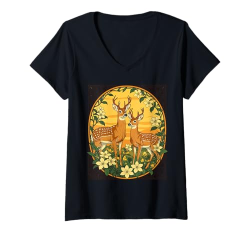 Damen Karibu und gelbe Jasminblüten T-Shirt mit V-Ausschnitt Damen Karibu und gelbe Jasminblüten T-Shirt mit V-Ausschnitt von The Carolinas Territory Symbols Gifts Tees taiche