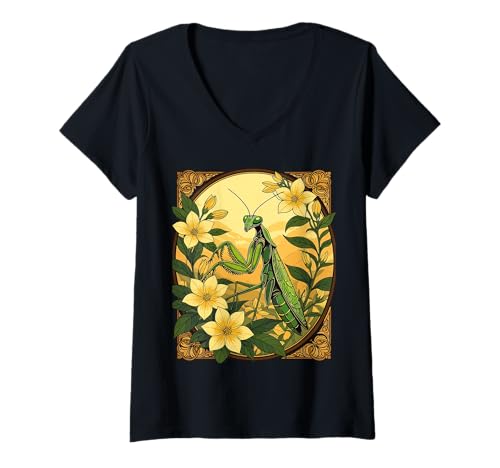 Damen Mantis und gelbe Jasminblüten T-Shirt mit V-Ausschnitt Damen Mantis und gelbe Jasminblüten T-Shirt mit V-Ausschnitt von The Carolinas Territory Symbols Gifts Tees taiche