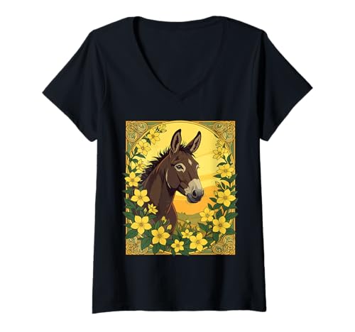 Damen Maultier-Arbeitstier umgeben von gelben Jasminblüten T-Shirt mit V-Ausschnitt Damen Maultier-Arbeitstier umgeben von gelben Jasminblüten T-Shirt mit V-Ausschnitt von The Carolinas Territory Symbols Gifts Tees taiche