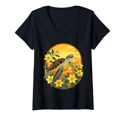 Damen Meeresschildkröte und gelbe Gelsemiumblüten T-Shirt mit V-Ausschnitt Damen Meeresschildkröte und gelbe Gelsemiumblüten T-Shirt mit V-Ausschnitt von The Carolinas Territory Symbols Gifts Tees taiche