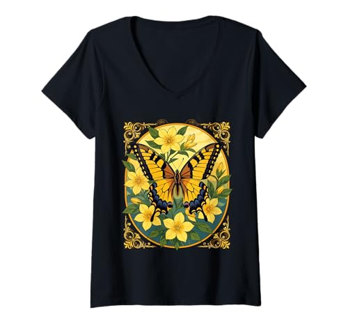 Damen Papilio Glaucus Schmetterling mit gelbem Jasmin T-Shirt mit V-Ausschnitt von The Carolinas Territory Symbols Gifts Tees taiche