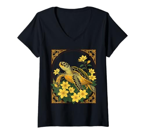 Damen Reptile Caretta Ozeanische Schildkröte und Gelsemium T-Shirt mit V-Ausschnitt Damen Reptile Caretta Ozeanische Schildkröte und Gelsemium T-Shirt mit V-Ausschnitt von The Carolinas Territory Symbols Gifts Tees taiche