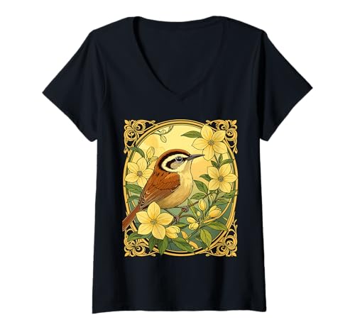 Damen Thryothorus Vogel umgeben von gelben Jasminblüten T-Shirt mit V-Ausschnitt Damen Thryothorus Vogel umgeben von gelben Jasminblüten T-Shirt mit V-Ausschnitt von The Carolinas Territory Symbols Gifts Tees taiche