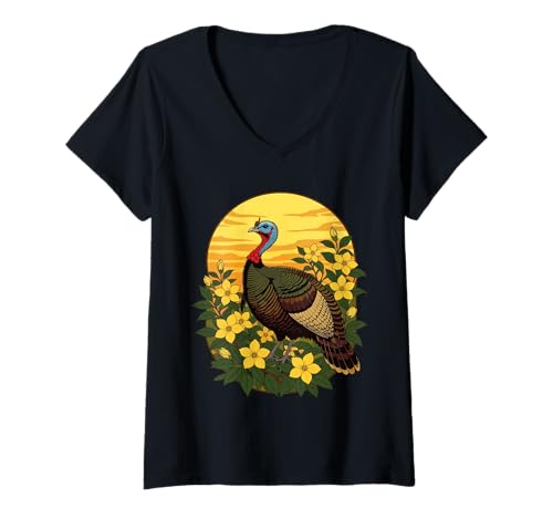 Damen Wilde Truthahn und Gelsemium-Blumen Illustration T-Shirt mit V-Ausschnitt Damen Wilde Truthahn und Gelsemium-Blumen Illustration T-Shirt mit V-Ausschnitt von The Carolinas Territory Symbols Gifts Tees taiche
