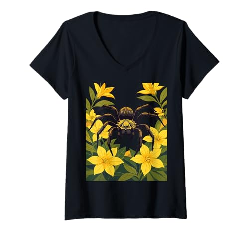 Damen Wolfspinne umgeben von gelben Jasminblüten T-Shirt mit V-Ausschnitt von The Carolinas Territory Symbols Gifts Tees taiche