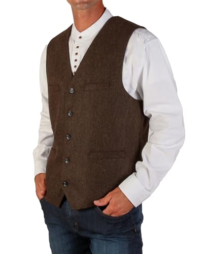 The Celtic Ranch Irischer Tweedweste für Herren mit vollem Rücken, Stoffgürtel, 4 Taschen und Fischgrätenmuster, braun, XX-Large von The Celtic Ranch