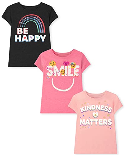 The Children's Place Mädchen Kurzärmeliges mehrfarbiges Grafik T-Shirt, Be Happy/Smile/Kindness Matters, 3er-Pack, XS von The Children's Place