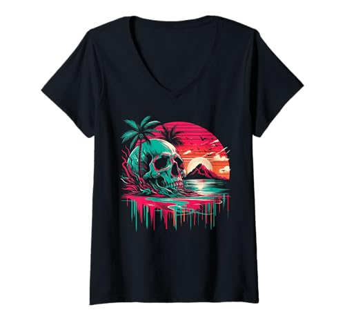 Damen Totenkopf mit Sonnenuntergang und Palmen in surrealer Meeresstimmung T-Shirt mit V-Ausschnitt von The Cool and Spooky Halloween Art Store