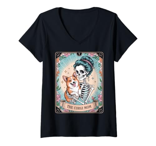 Damen Retro Funny The Corgi Mom Tarot Card Skeleton Halloween T-Shirt mit V-Ausschnitt Damen Retro Funny The Corgi Mom Tarot Card Skeleton Halloween T-Shirt mit V-Ausschnitt von The Corgi Mom Tarot Card Halloween Tee
