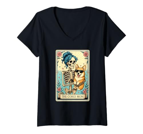 Damen Retro Funny The Corgi Mom Tarotkarte Skelett Halloween T-Shirt mit V-Ausschnitt Damen Retro Funny The Corgi Mom Tarotkarte Skelett Halloween T-Shirt mit V-Ausschnitt von The Corgi Mom Tarot Card Halloween Women Men Kids
