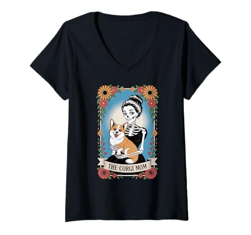 Damen The Corgi Mom Skelett Gothic Floral Design T-Shirt mit V-Ausschnitt Damen The Corgi Mom Skelett Gothic Floral Design T-Shirt mit V-Ausschnitt von The Corgi Mom Tarot Card by NLTS