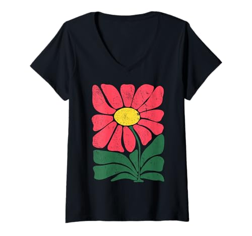 Damen Retro Gänseblümchen Blume Kunst Vintage 70er Hippie Grafik T-Shirt mit V-Ausschnitt von The Cottagecore Garden