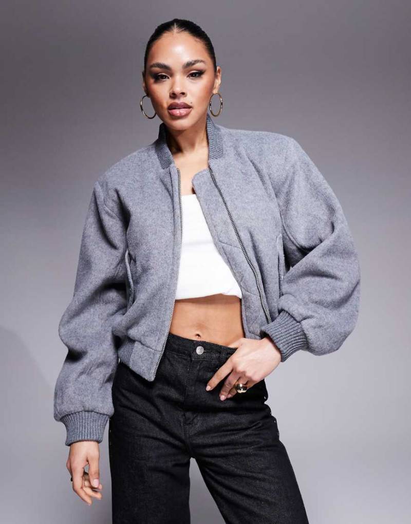 The Couture Club - Bomberjacke aus Woll-Imitat in meliertem Grau mit Schulterpolstern von The Couture Club