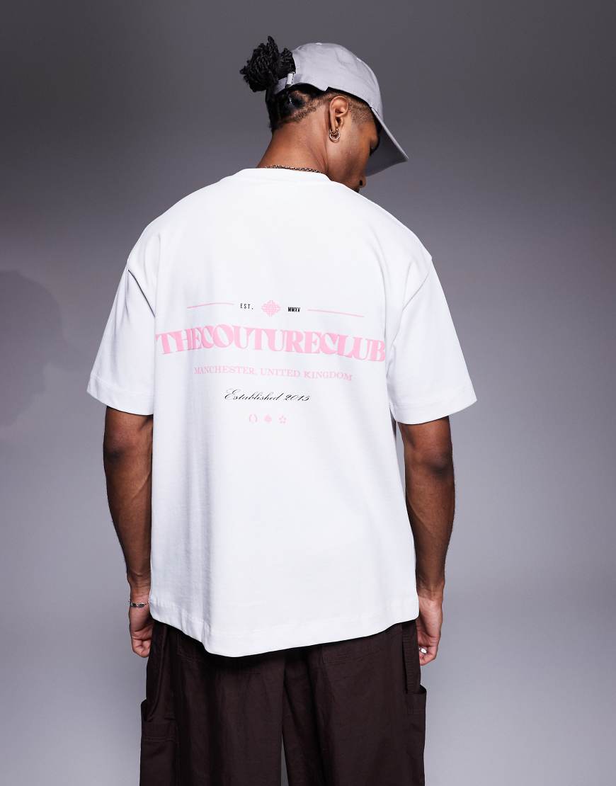 The Couture Club - Oversize-T-Shirt in Weiß mit rosa Logoprint auf Brust und Rücken von The Couture Club