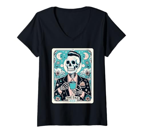 Damen The Dad Totenkopf Tarotkarte Papa Skelett Vatertag Hexe Papa T-Shirt mit V-Ausschnitt von The Dad Skull Tarot Card Dad Skeleton Fathers Day
