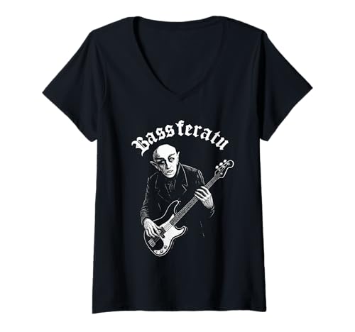 Damen Bassferatu Gothic Horror Bass Gitarre Spieler Halloween Parodie T-Shirt mit V-Ausschnitt Damen Bassferatu Gothic Horror Bass Gitarre Spieler Halloween Parodie T-Shirt mit V-Ausschnitt von The Dark Bass Guitarist