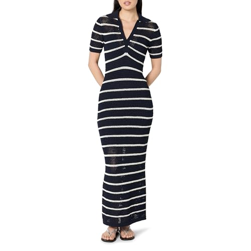 The Drop Adalyn Tape Yarn Split-Neck Maxi Dress Maxikleid, Marineblau/Elfenbein-Streifen, L von The Drop