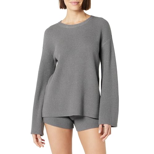 The Drop Alice Crewneck Back-Slit Ribbed Sweater Pullover, Kohlegrau, XXL von The Drop