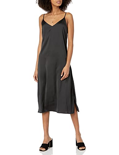 The Drop Damen Ana Midi-Kleid, V-Ausschnitt, seidiger Slip-Dress-Stil, Schwarz, S von The Drop