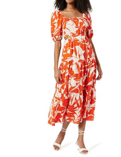 The Drop Anaya Gestuftes Eckigem Ausschnitt und Cut-Out-Detail Maxikleid, Tomatenrotes Laub Aufdruck, M von The Drop