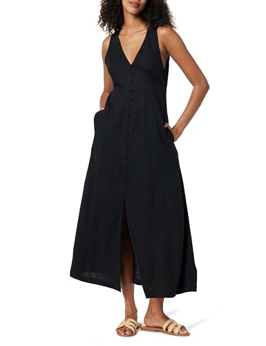 The Drop Blanca Linen Button Front V-Neck Maxi Dress Kleider, Schwarz, S von The Drop