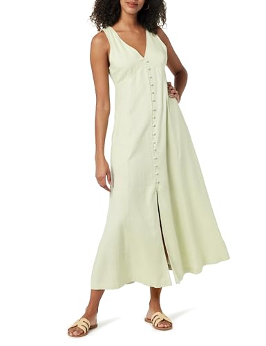 The Drop Blanca Linen Button Front V-Neck Maxi Dress Kleider, Soft Green, M von The Drop