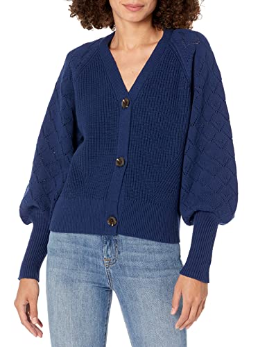 The Drop Damen Divya gestrickter Pointelle-Cardigan mit weiten Ärmeln, Marineblau, L von The Drop