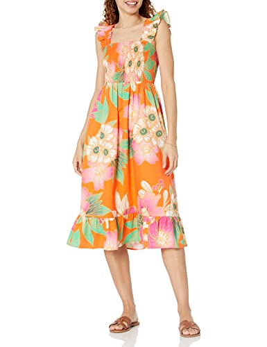 The Drop Damen Kimi Ruffled Shoulder Smocked Midi Dress, Fire Orange Floral, L von The Drop