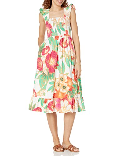 The Drop Damen Kimi Ruffled Shoulder Smocked Midi Dress, Whisper White Floral, L von The Drop