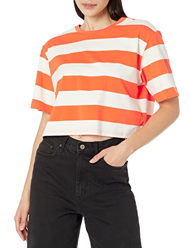 The Drop Damen Sydney T-shirt, Kurzer Cropped-stil, Rundhalsausschnitt, Feuerorange/Flüsterweißer Rugby Streifen, L von The Drop