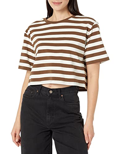 The Drop Damen Sydney T-shirt, Kurzer Cropped-stil, Rundhalsausschnitt, Kaffeebohnen/Flüsterweißer Nadelstreifen, S von The Drop
