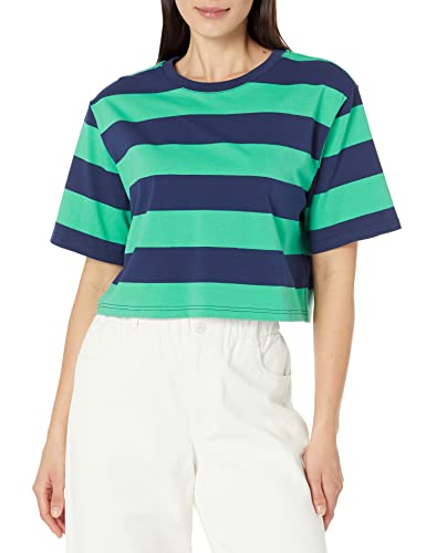 The Drop Damen Sydney T-shirt, Kurzer Cropped-stil, Rundhalsausschnitt, Marineblau/Jade Rugby Stripe, L von The Drop