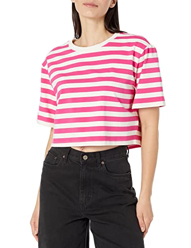 The Drop Damen Sydney T-shirt, Kurzer Cropped-stil, Rundhalsausschnitt, Pin-Streifen in Pink/Flüsterweiß, XXS von The Drop