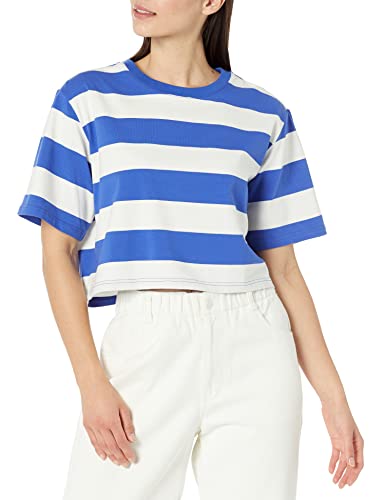 The Drop Damen Sydney T-shirt, Kurzer Cropped-stil, Rundhalsausschnitt, Schillernder Blau/Flüsterweißer Rugby Streifen, XXL von The Drop