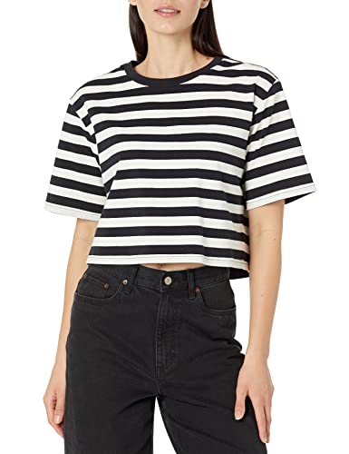 The Drop Damen Sydney T-shirt, Kurzer Cropped-stil, Rundhalsausschnitt, Schwarz/Flüsterweiß Nadelstreifen, L von The Drop