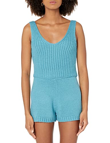 The Drop Damen Sylvie Rippstrick-Tanktop mit V-Ausschnitt vorn und hinten, strukturiert, bauchfrei, Arctic Blue, L von The Drop