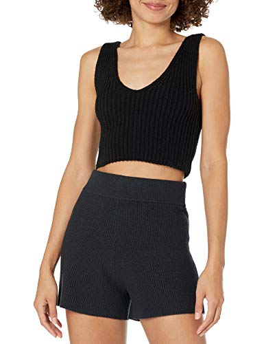 The Drop Damen Sylvie Rippstrick-Tanktop mit V-Ausschnitt vorn und hinten, strukturiert, bauchfrei, Schwarz, XXL Große Größen von The Drop