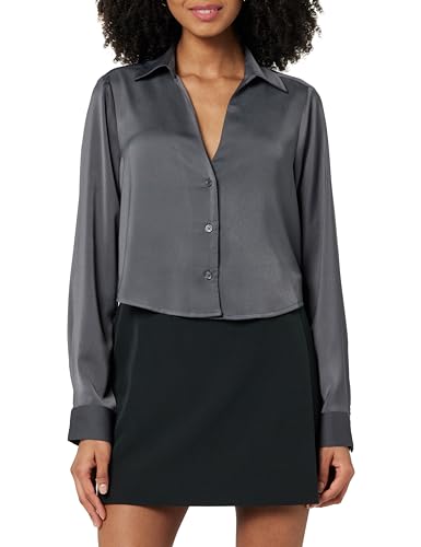 The Drop Harlow Silky Cropped Blouse Hemden, Dunkelgrau, M von The Drop