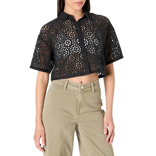 The Drop LUE Lace Button Down Cropped Shirts, Schwarz, XXL von The Drop