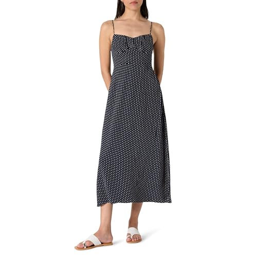 The Drop Linea Spaghetti Strap Maxi Dress with Front Slit Maxikleid, Marineblau mit Punkten, L von The Drop
