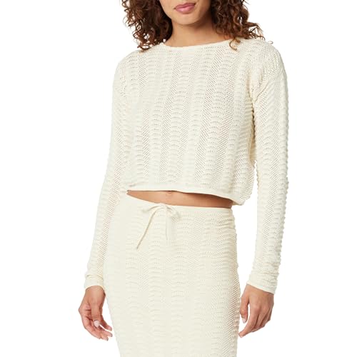 The Drop Makayla Crochet Dropped Shoulder Cropped Pullover Sweater, Birke, XXL Große Größen von The Drop